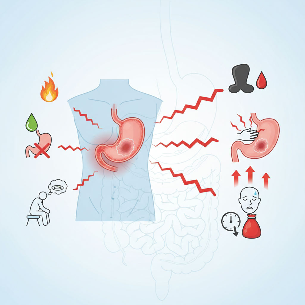 Ülser belirtileri ve alarm bulgularını gösteren bilgilendirici görsel