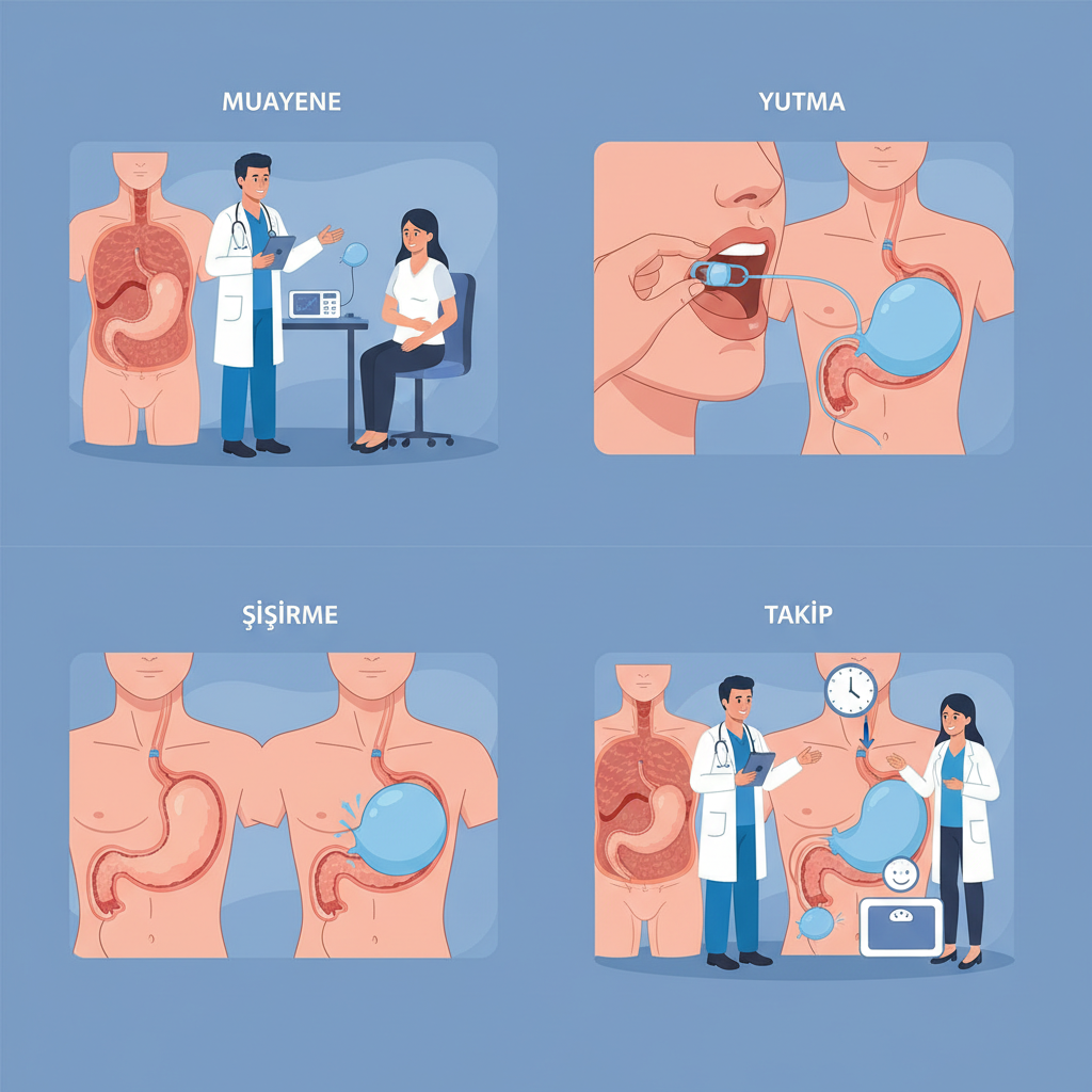 Uygulama süreci: muayene, yutma, şişirme, takip